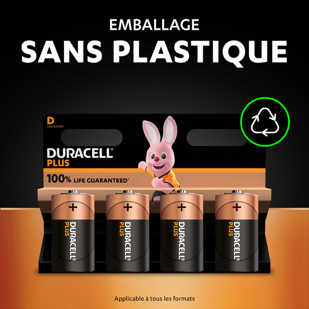 Piles D Duracell Plus (lot de 4) - Alcalines 1,5V - Durée de vie garantie à  100% - Idéales pour les appareils du quotidien - Emballage 0% plastique 
